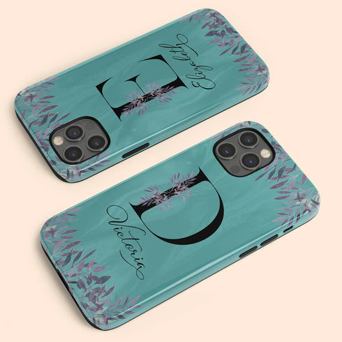Monogram Teal & Purple Flowers iPhone Case